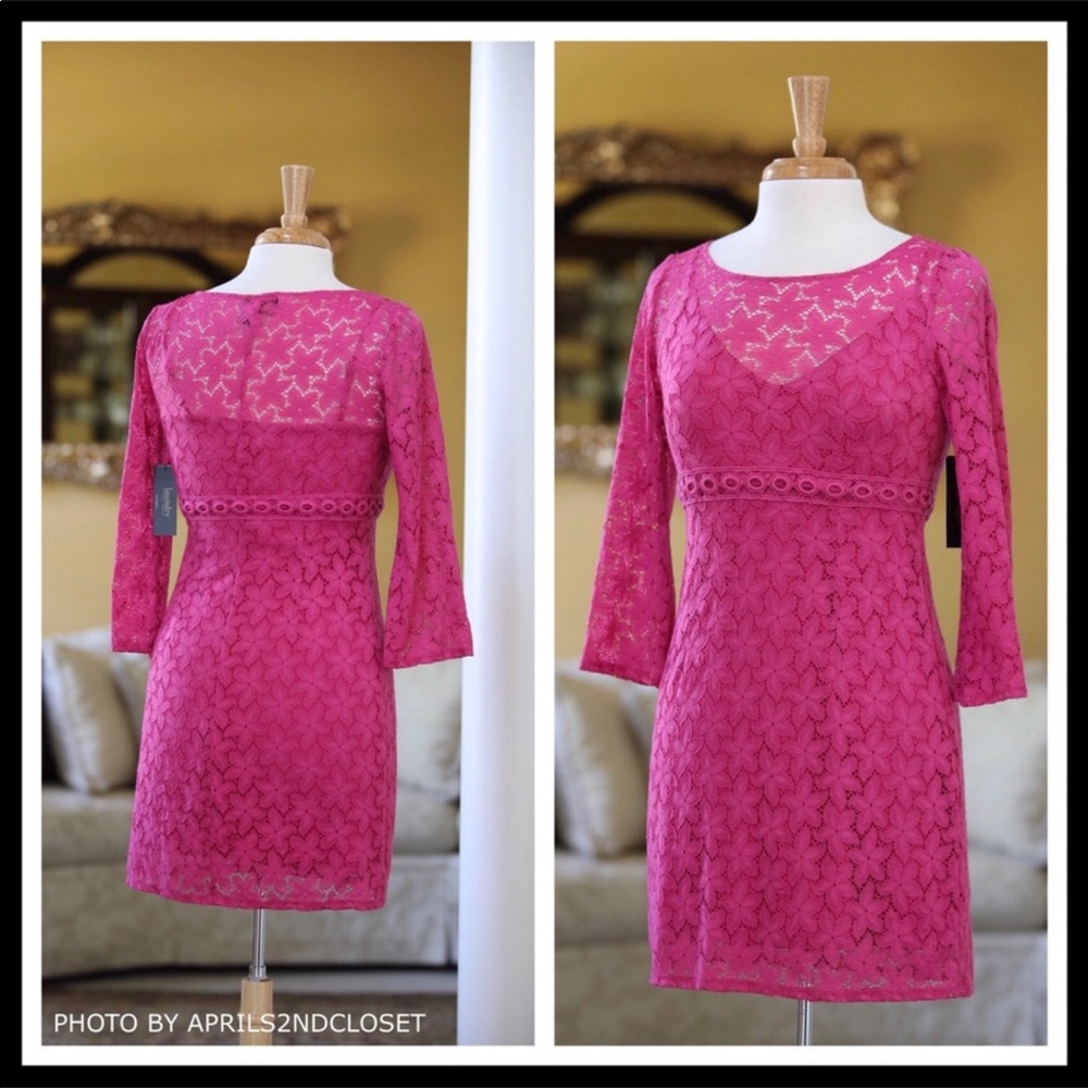 BOHO CROCHET LACE A-LINE FUCHSIA MINI DRESS A3C - Picture 2 of 6